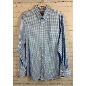 PETER MILLAR white blue cotton mens nanoluxe easycare check logo dress shirt L